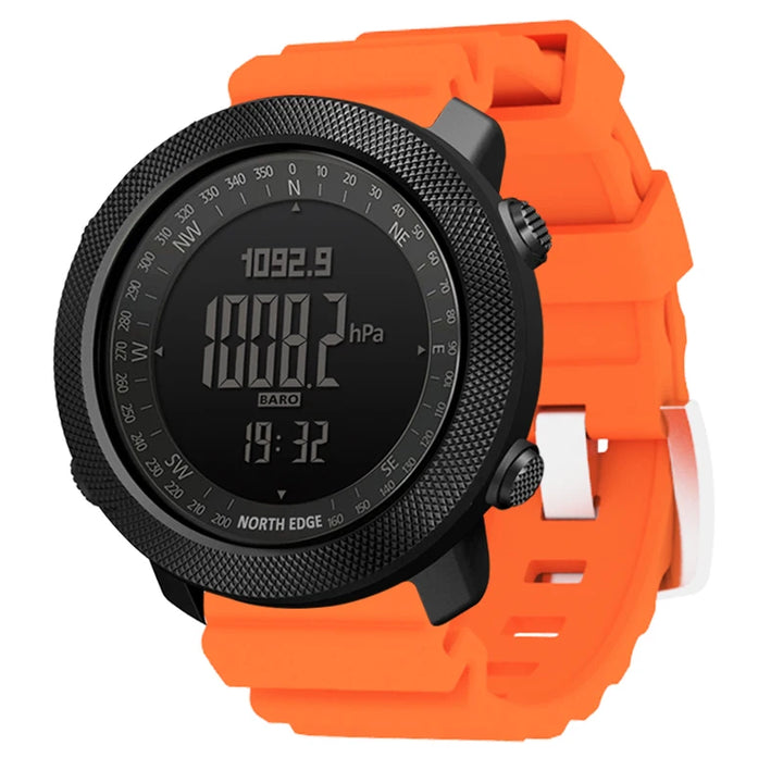 NORTH EDGE Apache outdoor sports watch with an orange band and rugged design for outdoor activities.