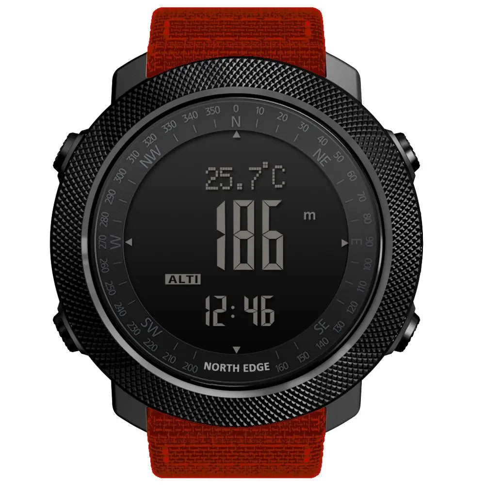  NORTH EDGE Apache outdoor sports watch in black, paired with a bold red replacement band.