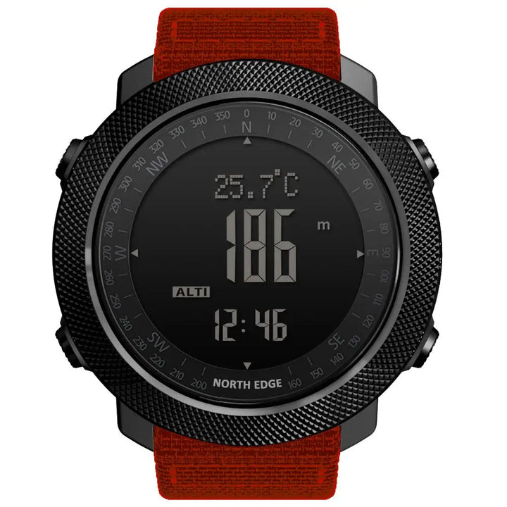  NORTH EDGE Apache outdoor sports watch in black, paired with a bold red replacement band.