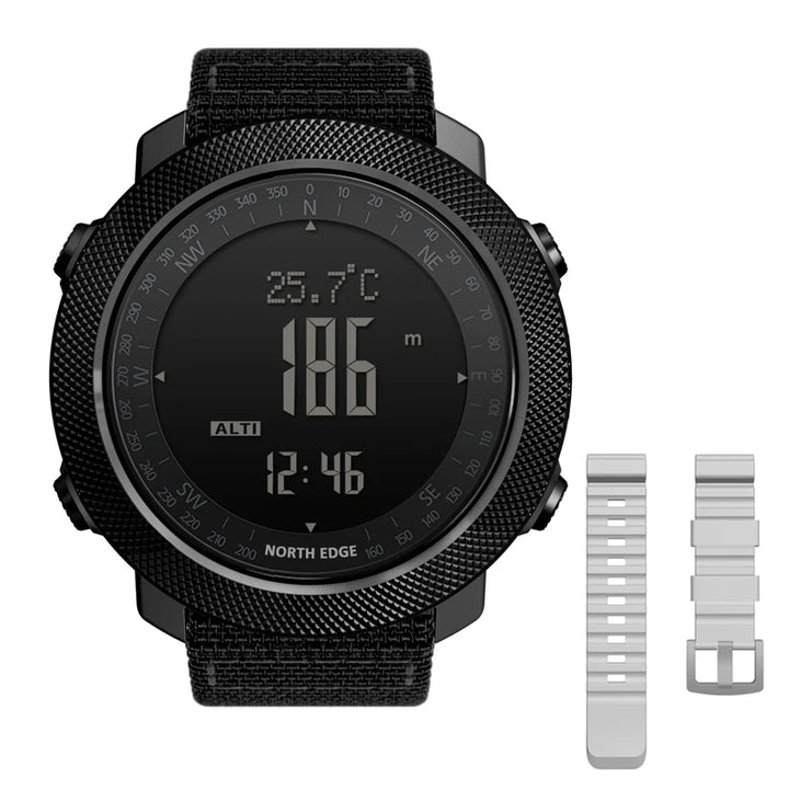 NORTH EDGE Apache outdoor sports watch in black with an additional white replacement band.