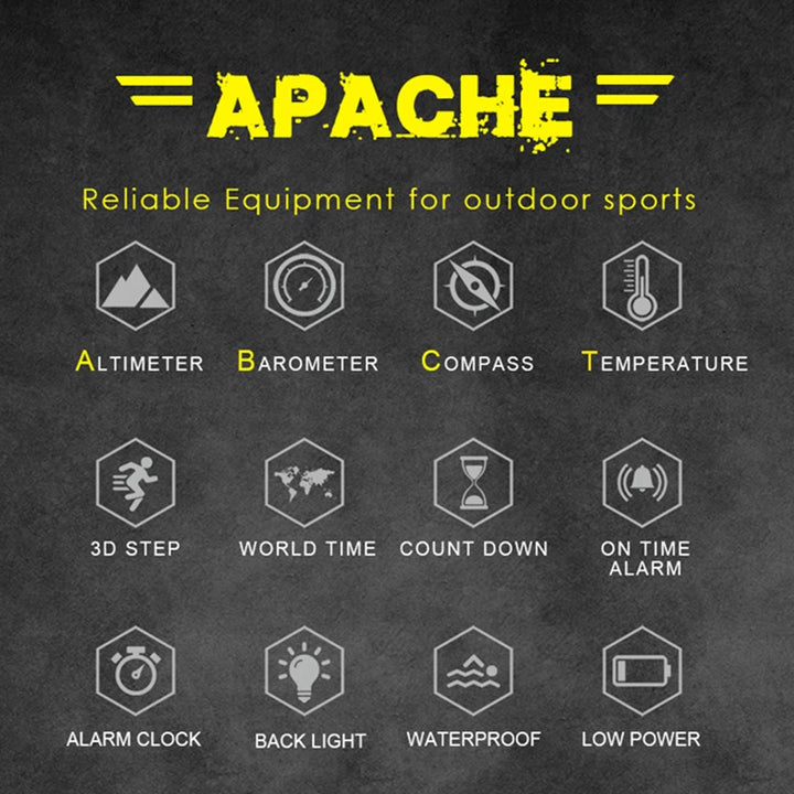 nfographic displaying the features of the NORTH EDGE Apache outdoor sports watch, including altimeter, barometer, compass, temperature, 3D step tracking, world time, countdown timer, alarm clock, backlight, waterproof capability, and low power mode.