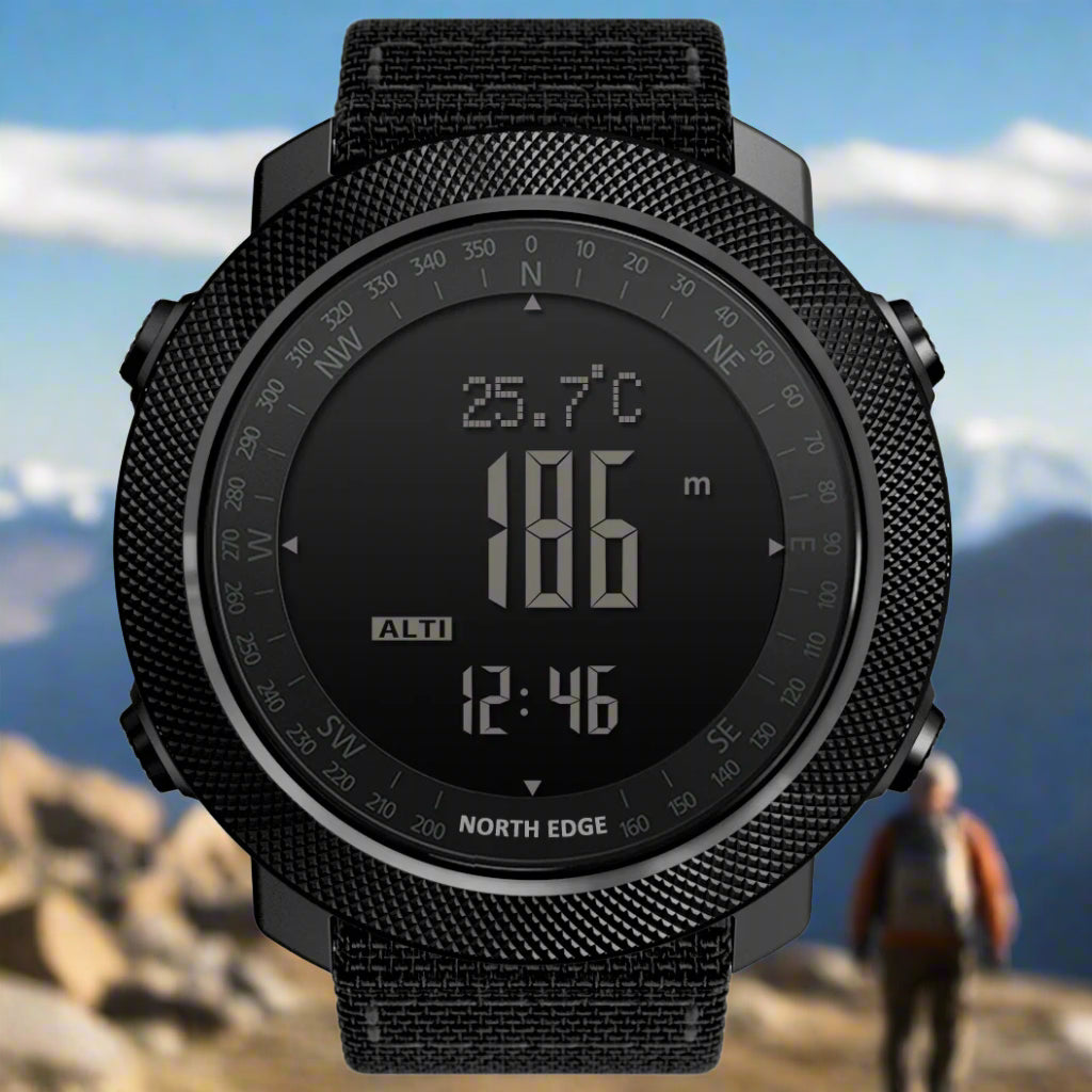 Close-up of NORTH EDGE digital watch screen displaying altimeter, barometer, and compass functions.
