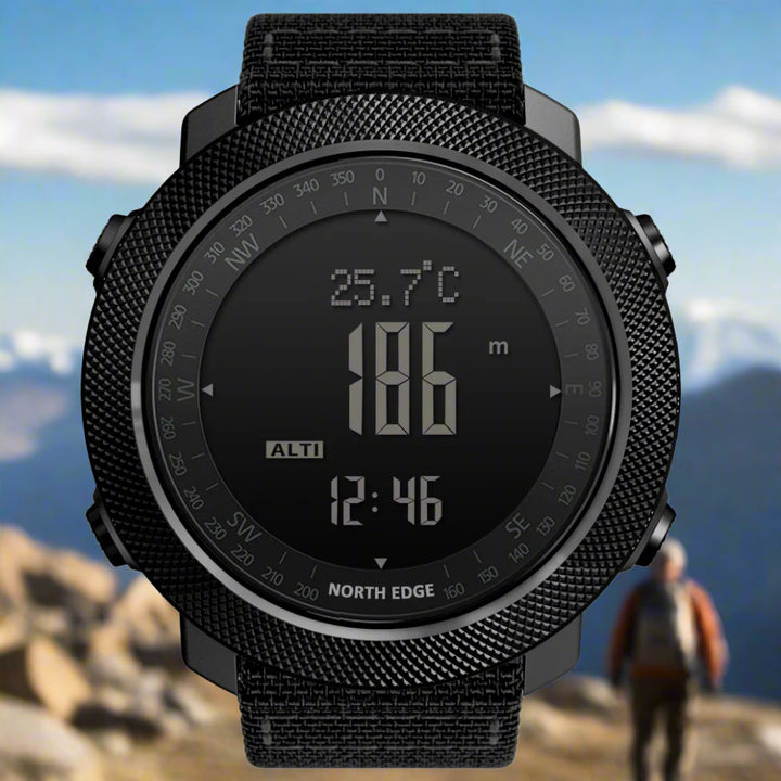 Close-up of NORTH EDGE digital watch screen displaying altimeter, barometer, and compass functions.