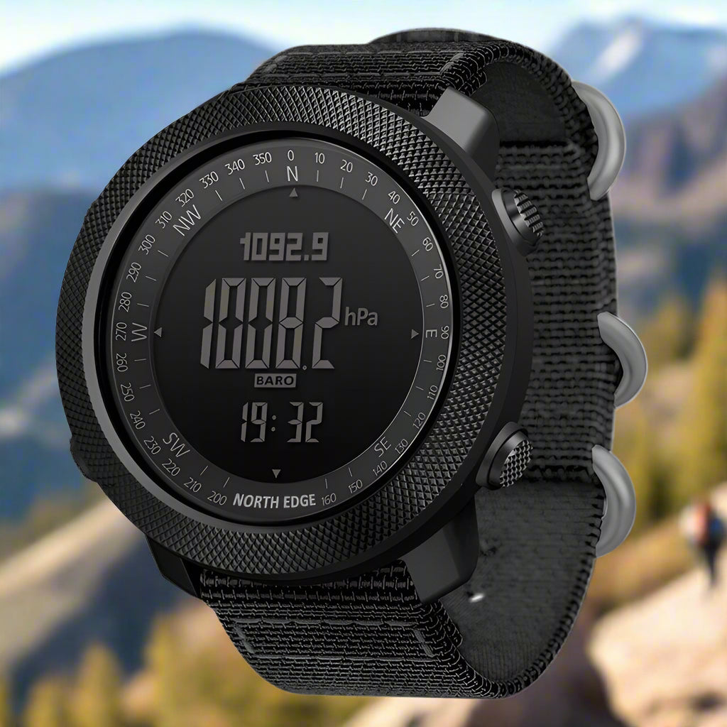 Rugged NORTH EDGE digital watch with a black nylon strap and multifunction display.