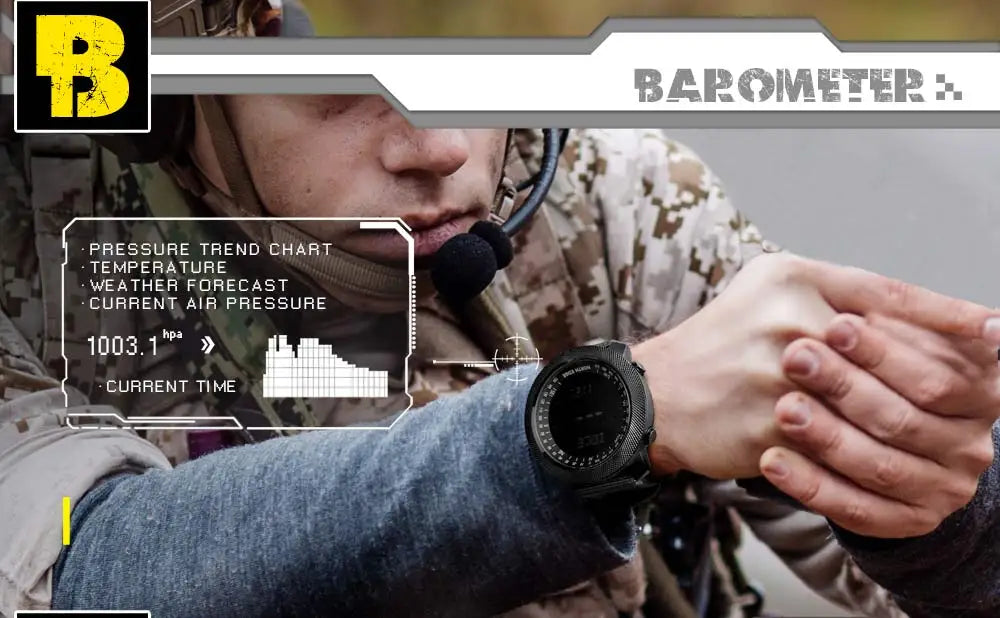 Soldier using the barometer function on the NORTH EDGE digital watch.