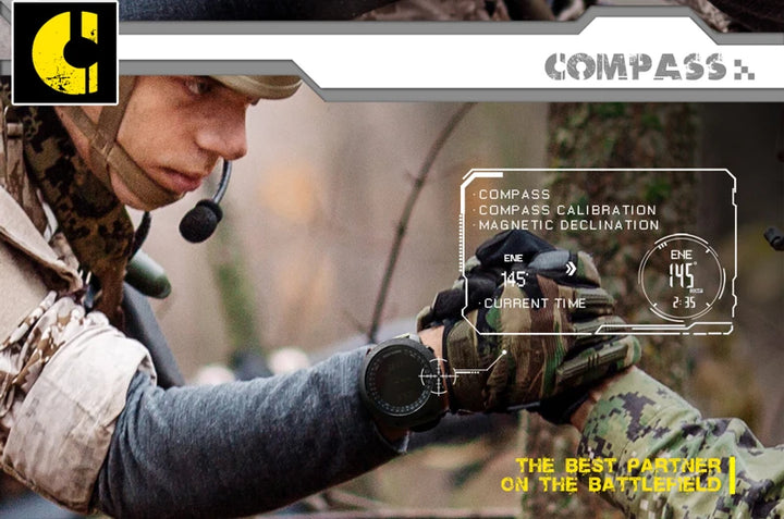 Soldier using compass function on the NORTH EDGE tactical watch.