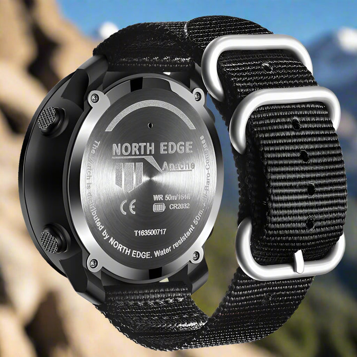 Backside view of NORTH EDGE military digital watch showcasing stainless steel casing.