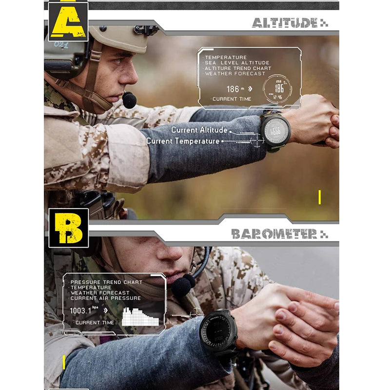 Infographic showcasing NORTH EDGE watch features including altimeter, barometer, compass, and waterproof rating.