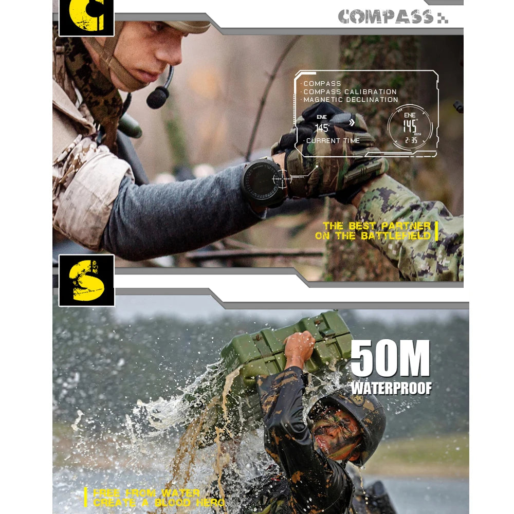 Soldier using NORTH EDGE watch in a tactical environment, emphasizing durability and functionality.