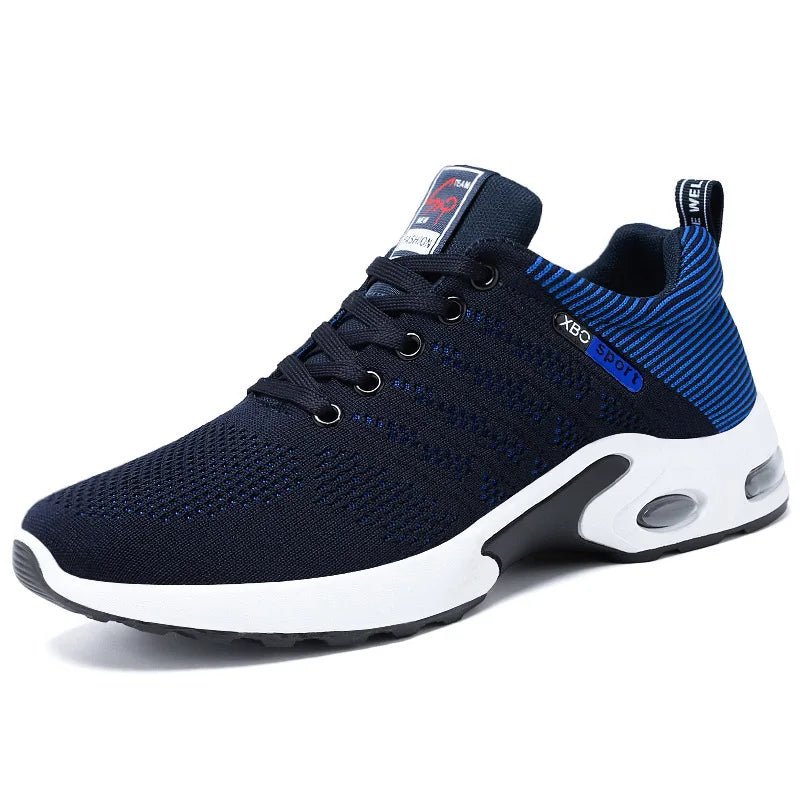 Side profile of navy blue running sneakers with a durable rubber sole.