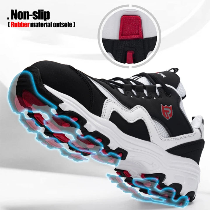  LARNMERN work shoe showcasing a high-traction, slip-resistant rubber sole.