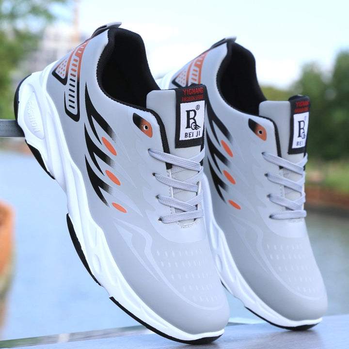 Stylish men's athletic shoes worn during outdoor walk