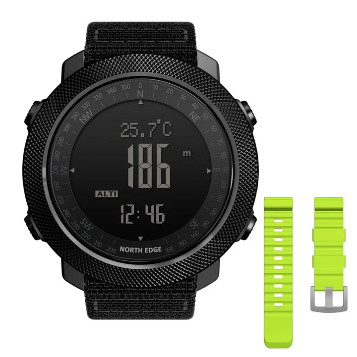 NORTH EDGE Apache outdoor sports watch in black with an additional green replacement band.