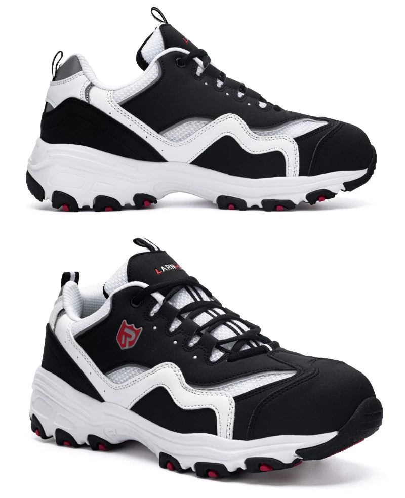 A pair of LARNMERN safety shoes displayed from multiple angles.