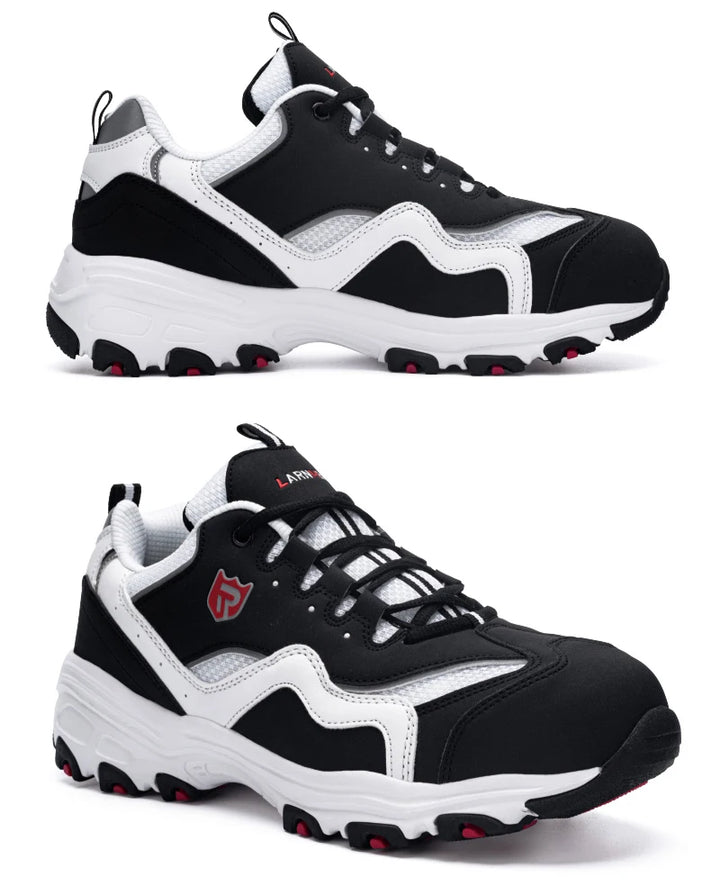 A pair of LARNMERN safety shoes displayed from multiple angles.