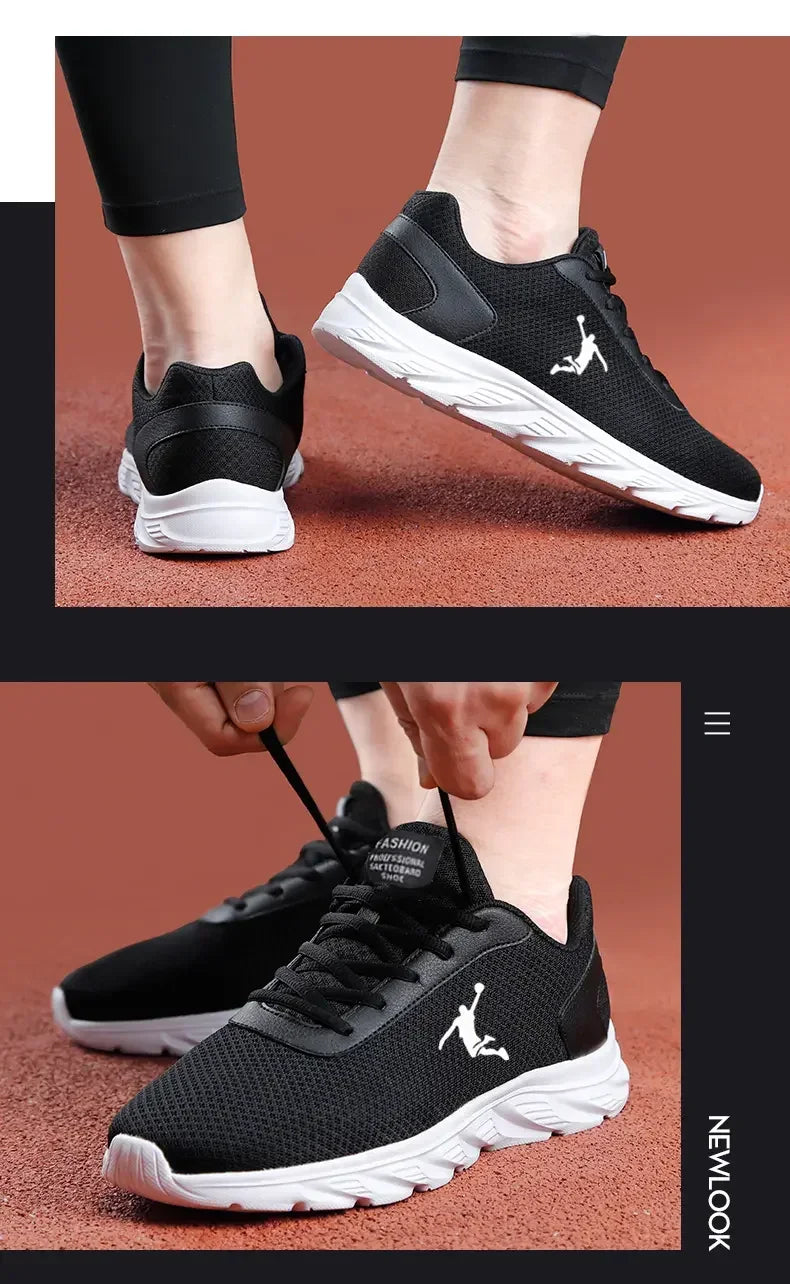 A lifestyle image of someone adjusting their black sneakers, showcasing the flexible and lightweight design.