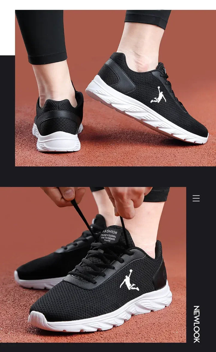 A lifestyle image of someone adjusting their black sneakers, showcasing the flexible and lightweight design.