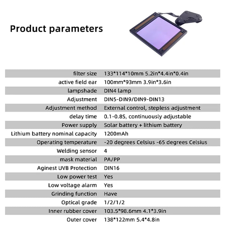 Welding Helmet Specifications – Filter Size, UV Protection, Optical Grade, and Power Supply