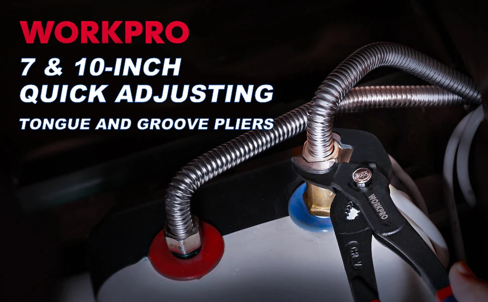 Close-up of the WORKPRO 7" & 10" pliers adjusting pipe fittings.