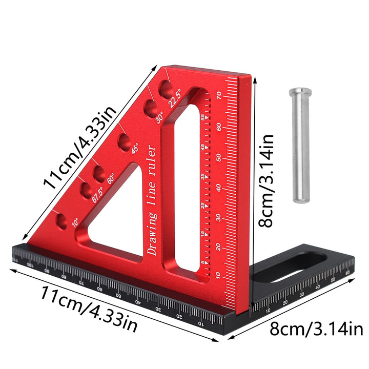 Red scribing tool displayed beside wooden measuring block