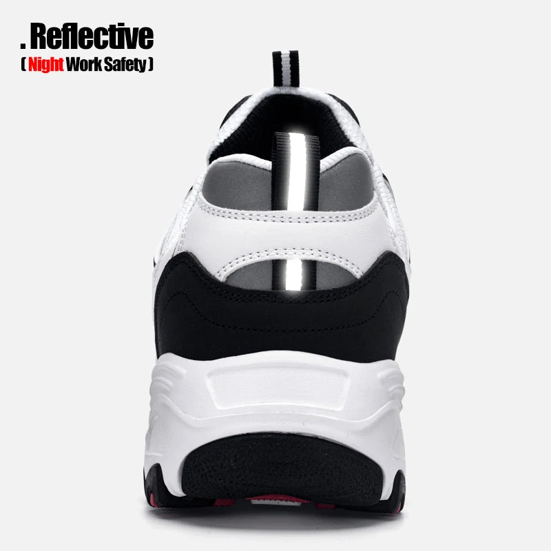 White and black work shoe with reflective strip for increased visibility at night.