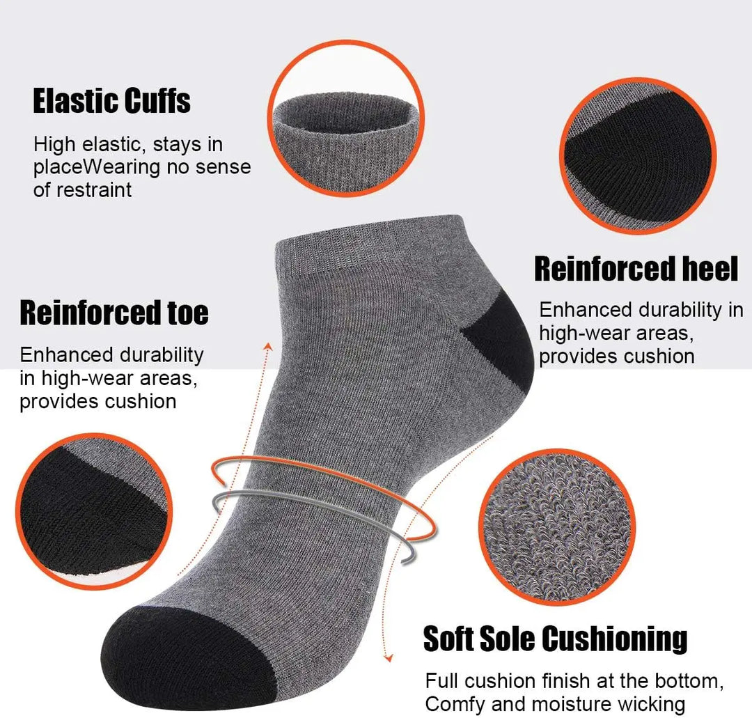 Graphic showing reinforced heel, toe, and cushioned sole for extra comfort.