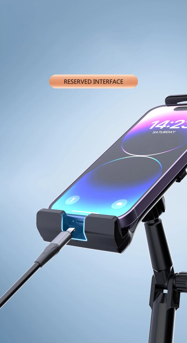 A smartphone mounted in the holder with a visible charging port, ensuring easy access while driving.