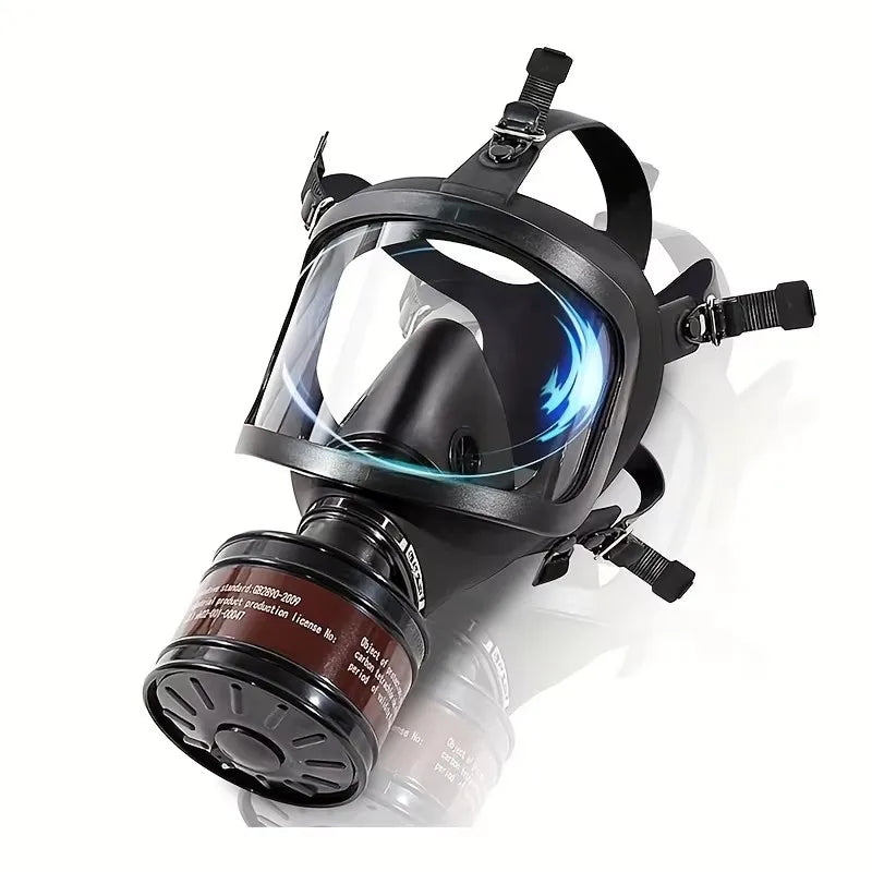 Full-face gas mask with filter on a white background