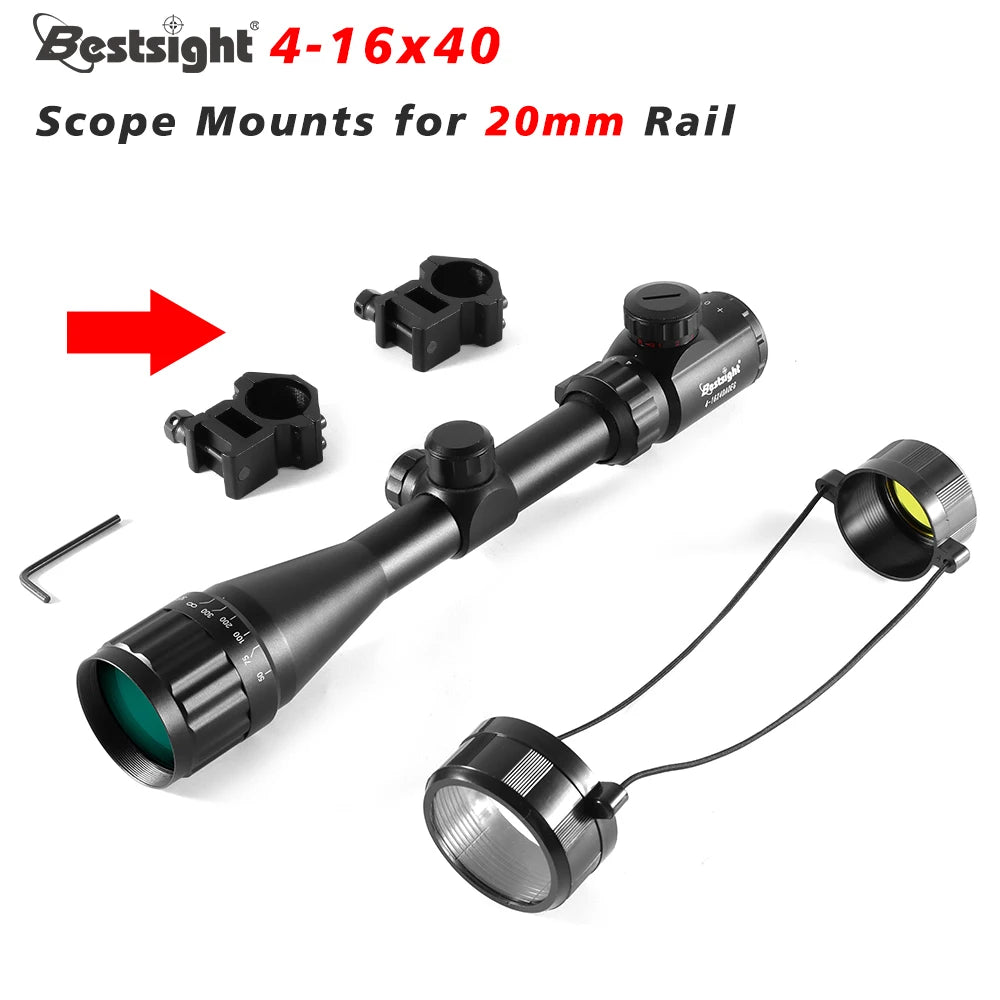 Bestsight 4-16x40 scope with light and mounts on a white background