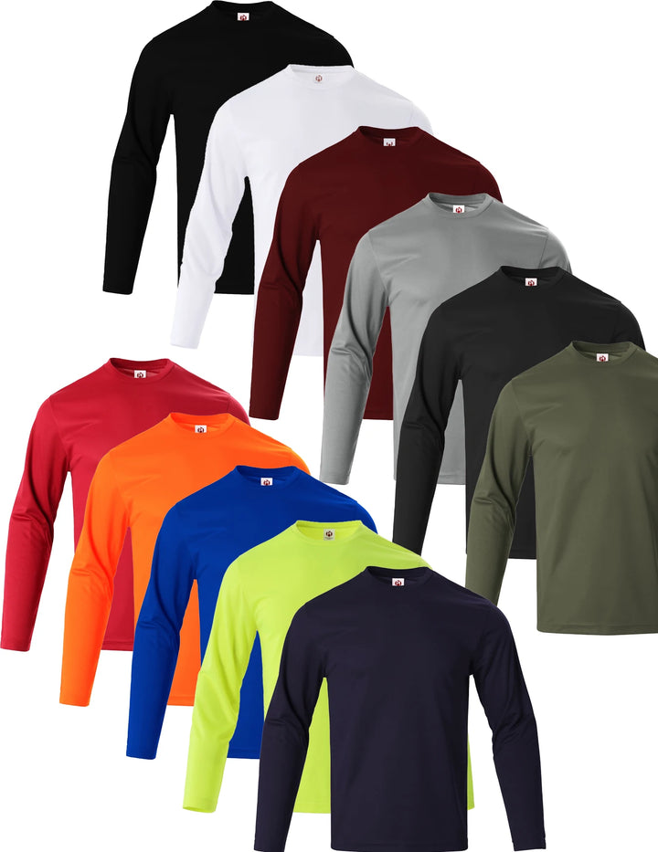Collection of long-sleeve shirts in various colors on a white background