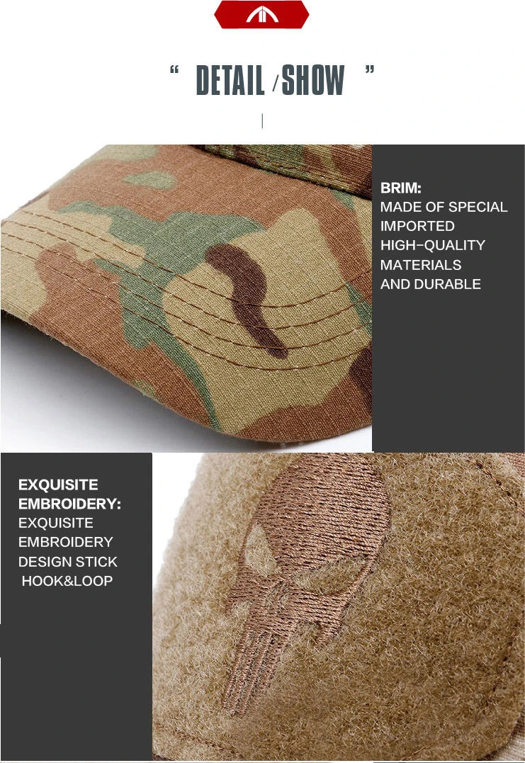Camouflage fabric with embroidery details on a gray background