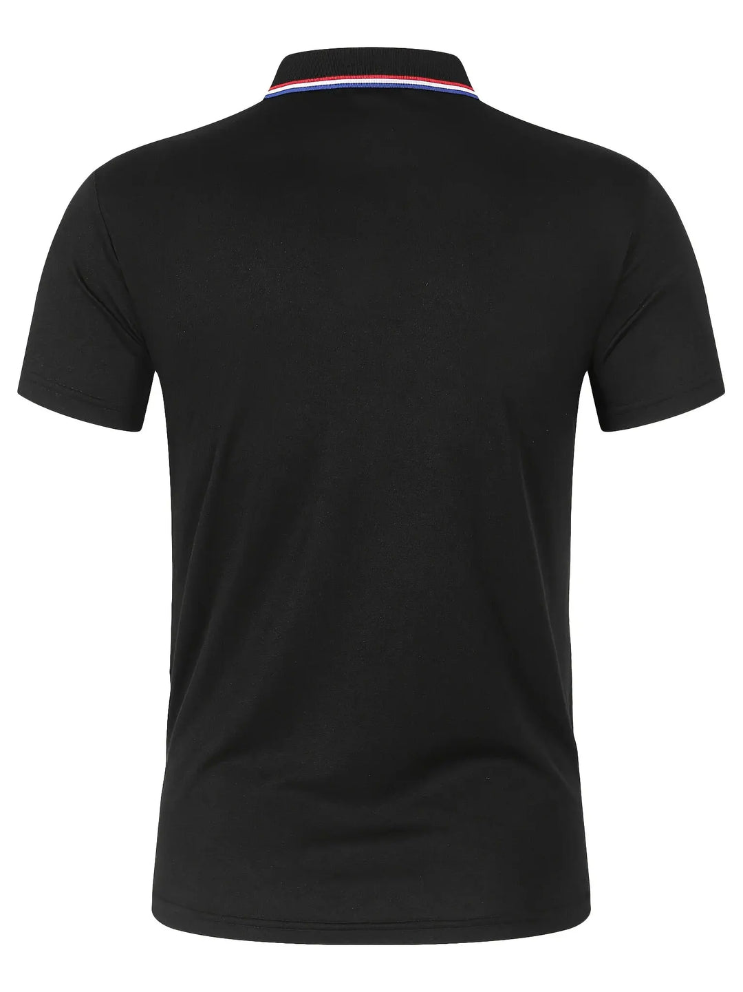 Back view of SmartGearPros Men's breathable polyester polo shirt in black with button collar and contrasting trim.