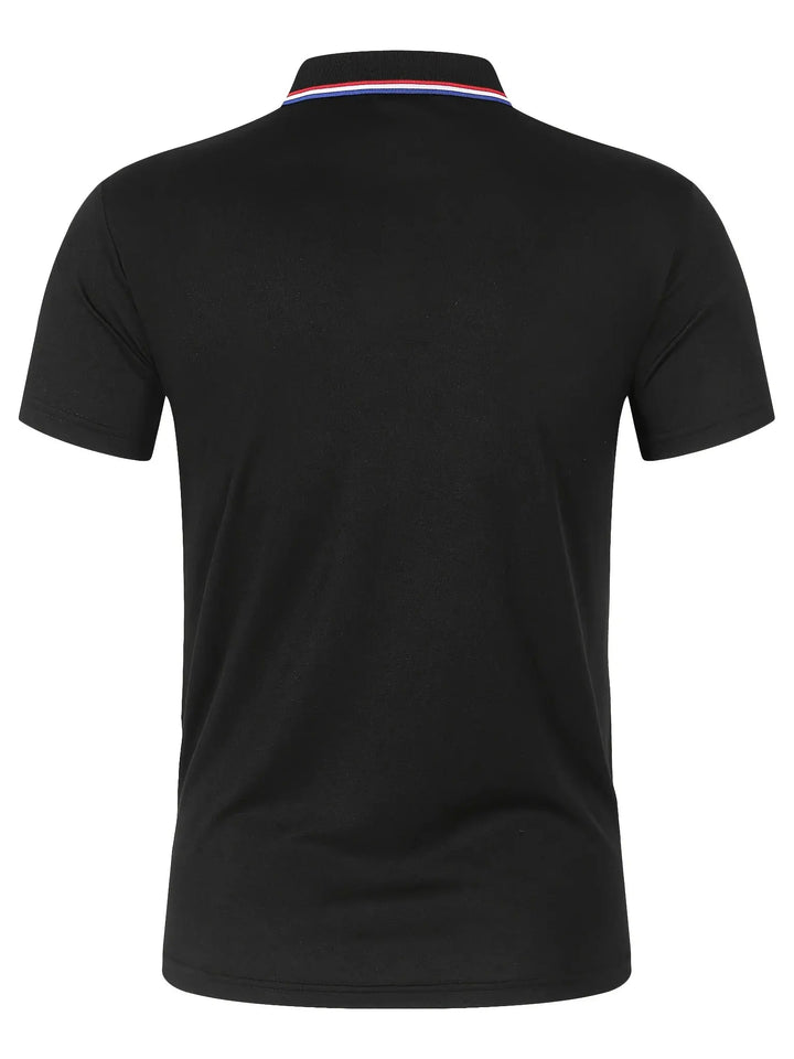 Back view of SmartGearPros Men's breathable polyester polo shirt in black with button collar and contrasting trim.