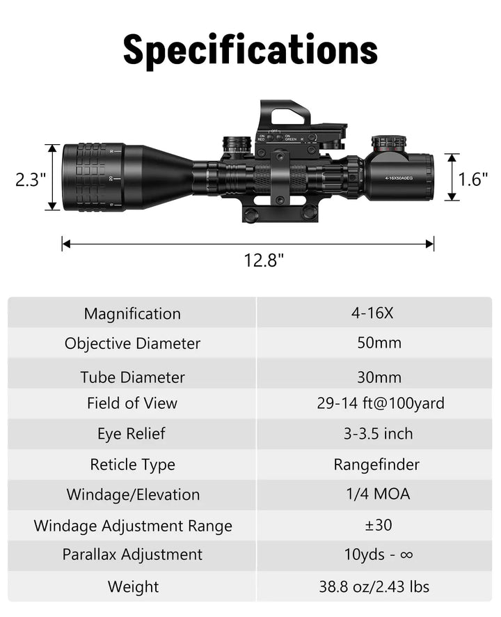 4-16x50 AO Rifle Scope Combo – Rangefinder, Red Dot & Green Laser