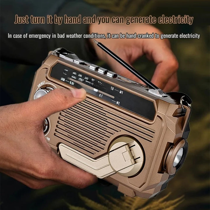 Handheld radio with crank mechanism held by a person, text indicating it can generate electricity.