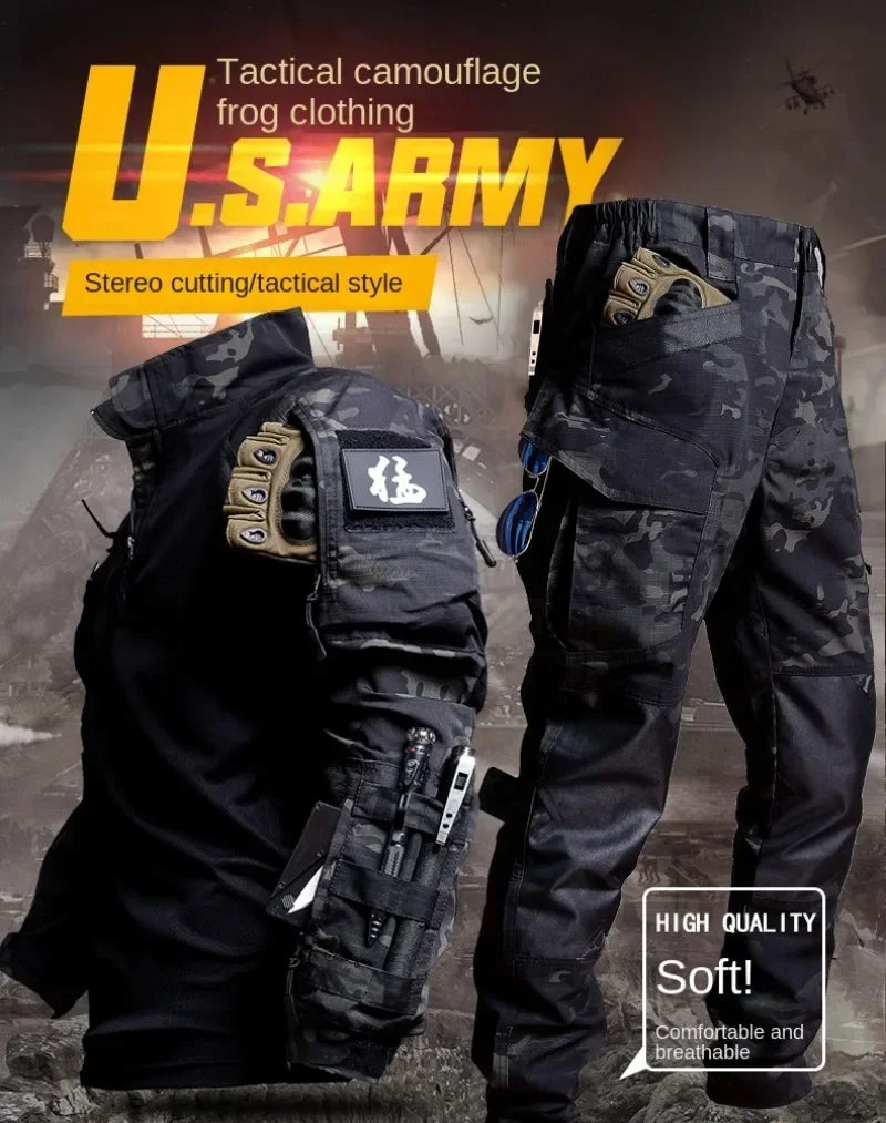 Tactical camouflage clothing with U.S. Army branding on a dark background