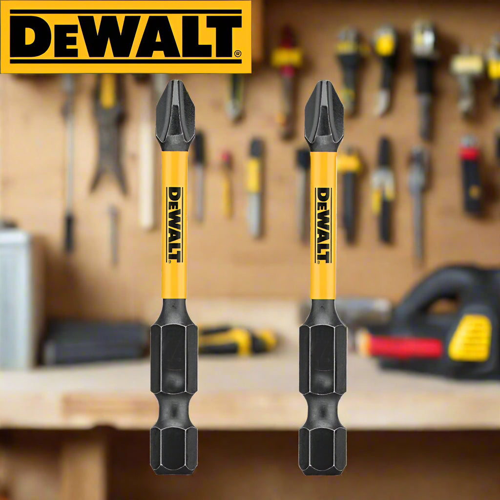 Two DEWALT double-ended bits displayed vertically with background tools