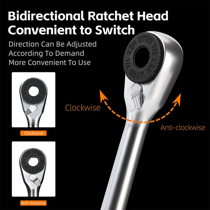 Close-up of ratchet handle and reversible switch