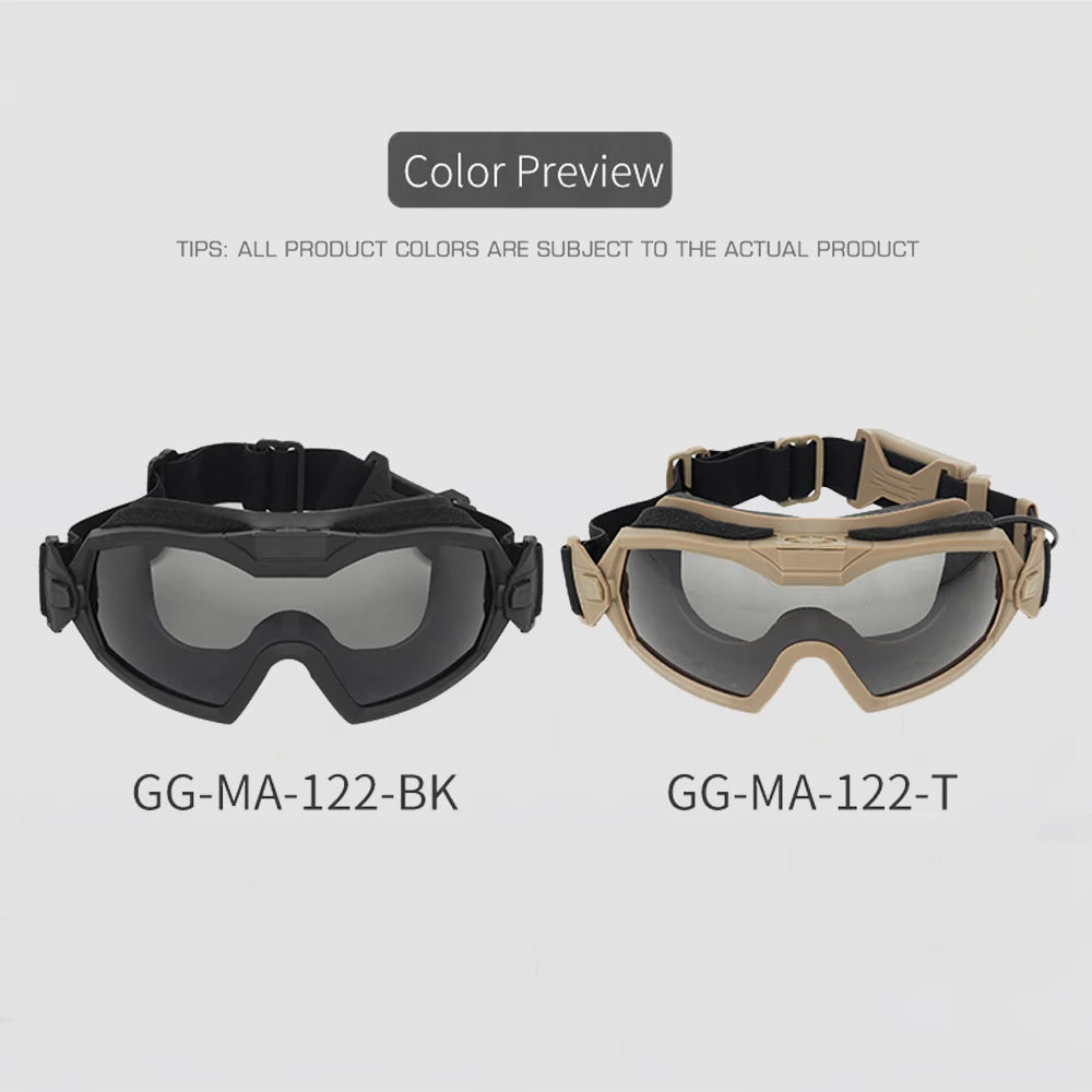 Two pairs of goggles, one black and one tan, on a light gray background.