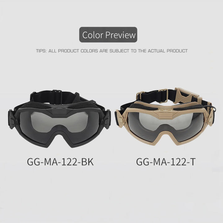 Two pairs of goggles, one black and one tan, on a light gray background.