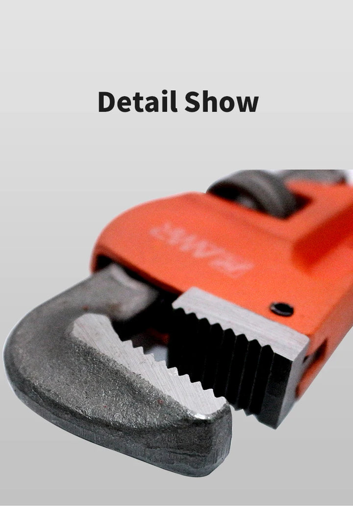 Close-up of a pipe wrench with 'Clevy' branding on a gray background