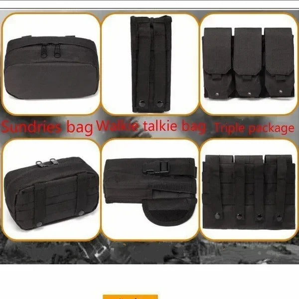 Collage of black tactical bags and pouches with text indicating types.