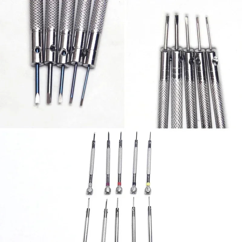 Five precision steel screwdrivers with color-coded heads neatly arranged on a clean wooden surface, alongside a yellow blister pack case showing the full 5-piece set with extra bits.