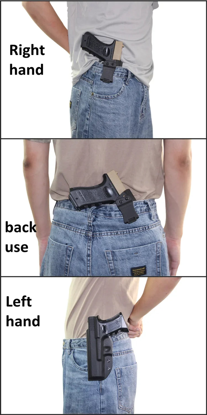 Three views of a person wearing a gun holster on their waistband.