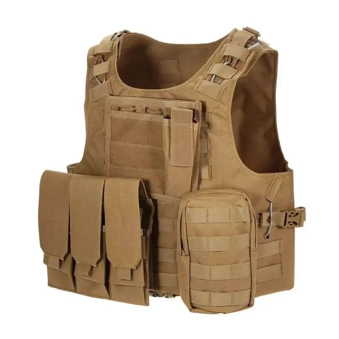 Tan tactical vest with multiple pouches and straps on a white background