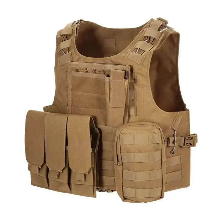 Tan tactical vest with multiple pouches and straps on a white background