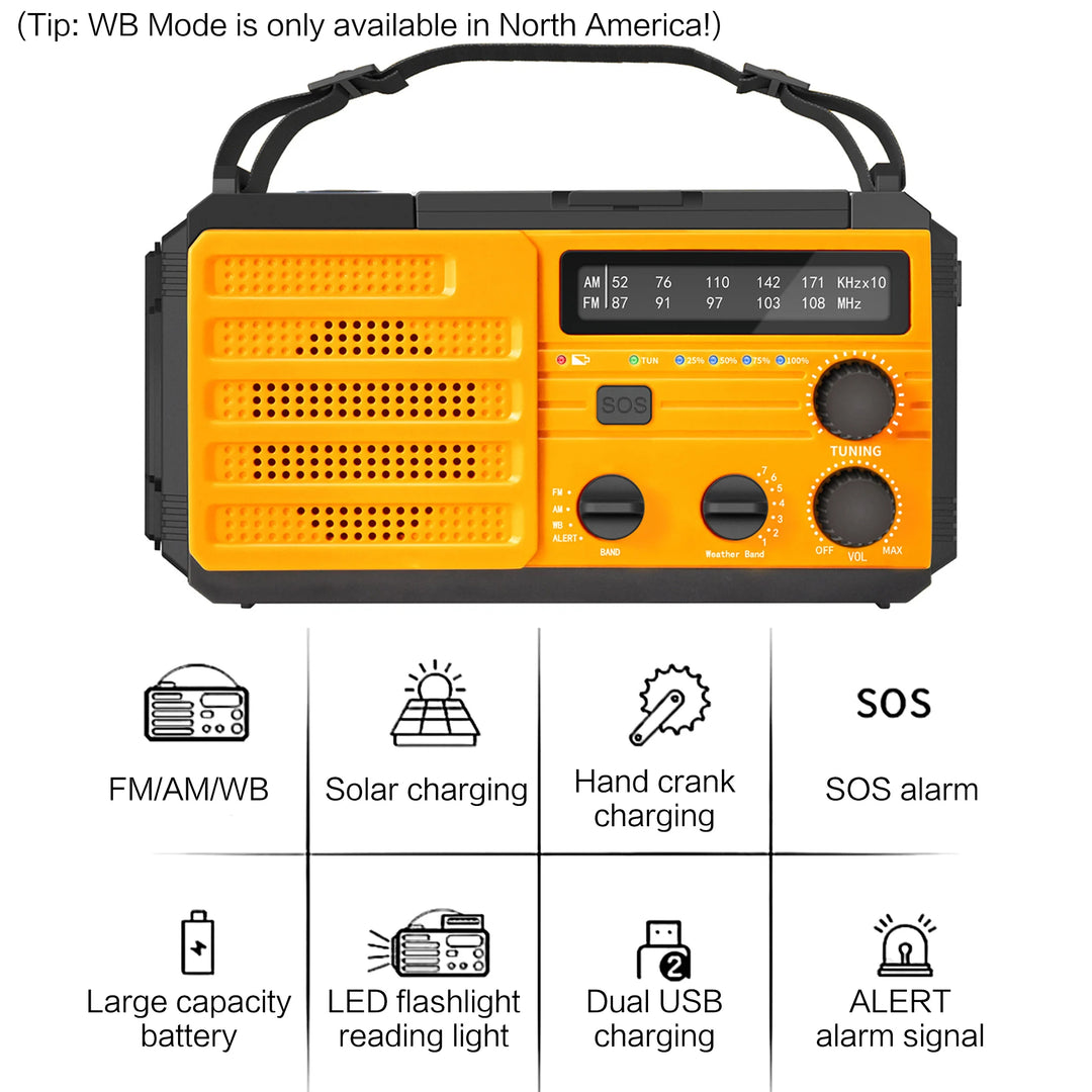 SmartGearPros Emergency Weather Radio - FM AM WB Hand Crank Solar USB Charging 2000mAh Power Bank LED Flashlight