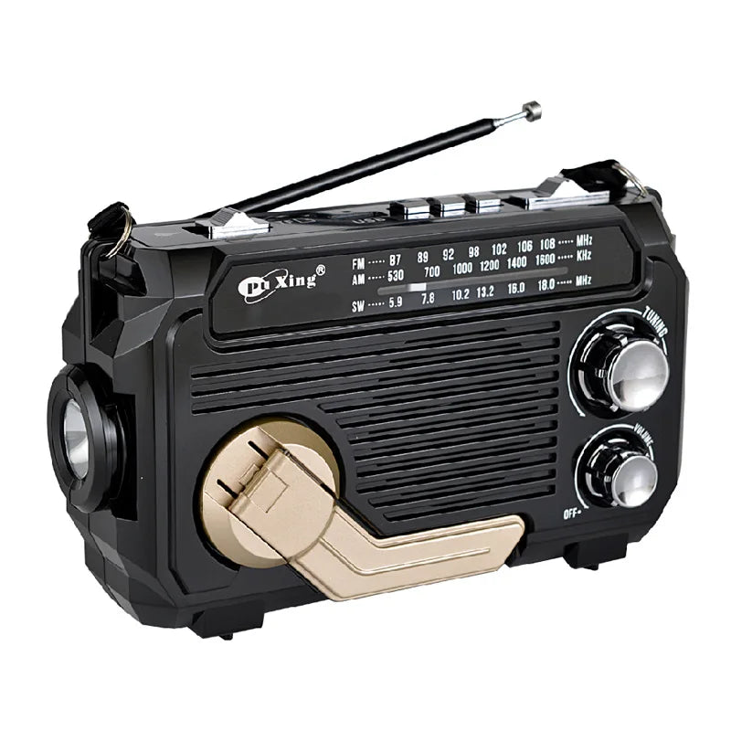Black and beige portable radio with antenna on a white background