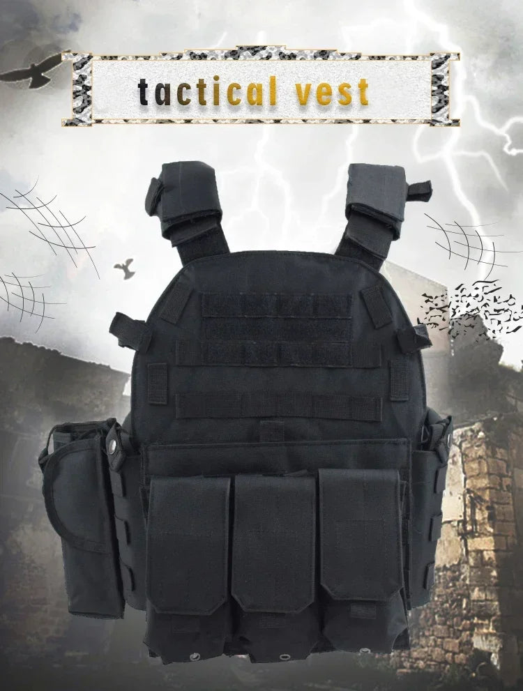 Black tactical vest on a camouflage patterned background with 'tactical vest' text.
