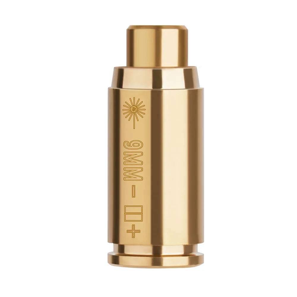 Gold 9mm laser boresight cartridges with red lasers, metal casing with engravings on a white background